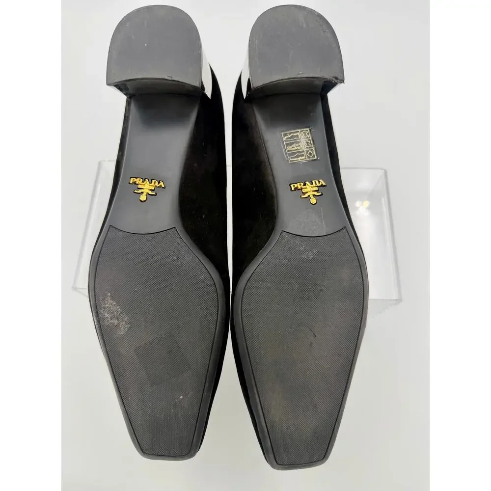 Prada Square Toe Pumps Black Suede Size 39.5 / 9.5 Metal Buckle Logo